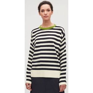 COS Cream and Black Striped Crewneck Sweater with Green Trim